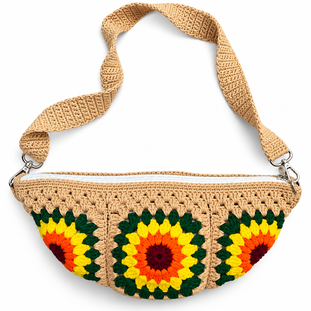 Handmade Sunflower Crochet Sling Bag Handmade Crochet Crossbody Bag for Women Boho Sunflower Crochet Purse Crochet Floral Sling Bag Handmade Cotton Crochet Shoulder Bag Stylish Crochet Handbag Sunflower Granny Square Crochet Bag Women's Handmade Crochet Purse Crochet Fashion Bag Handmade Bohemian Sling Bag