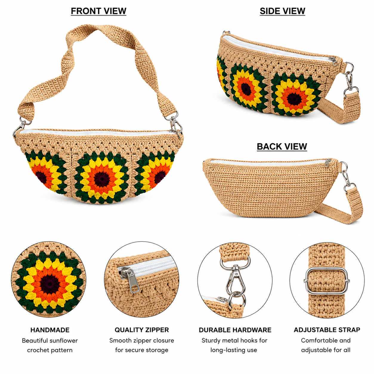 Handmade Sunflower Crochet Sling Bag for Women | Boho Crossbody Shoulder Bag with Zipper | Handmade Cotton Crochet Purse - Image 3